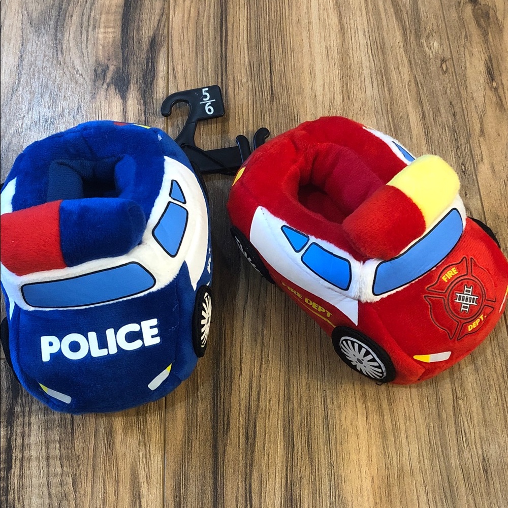Toddler Boys Police  and Fire Truck Plush Slippers Size 5/6